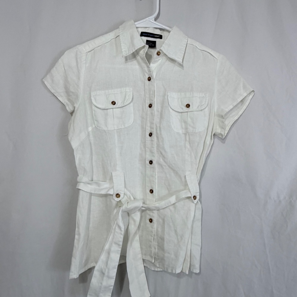 Saint Tropez West White Belted Safari Shirt Utility Button Up Womens 100% linen